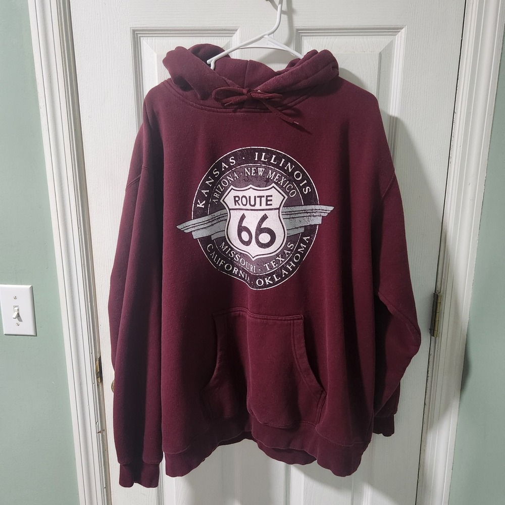 Prairie Mountain Mens Route 66 Graphic Hoodie Maroon Burgundy 3XL